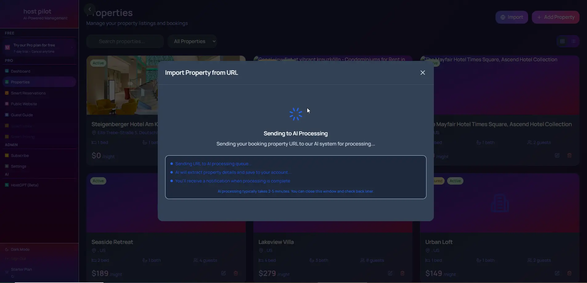 Configuración AI concierge con un clic importando propiedad desde Airbnb o Booking.com con configuración instantánea