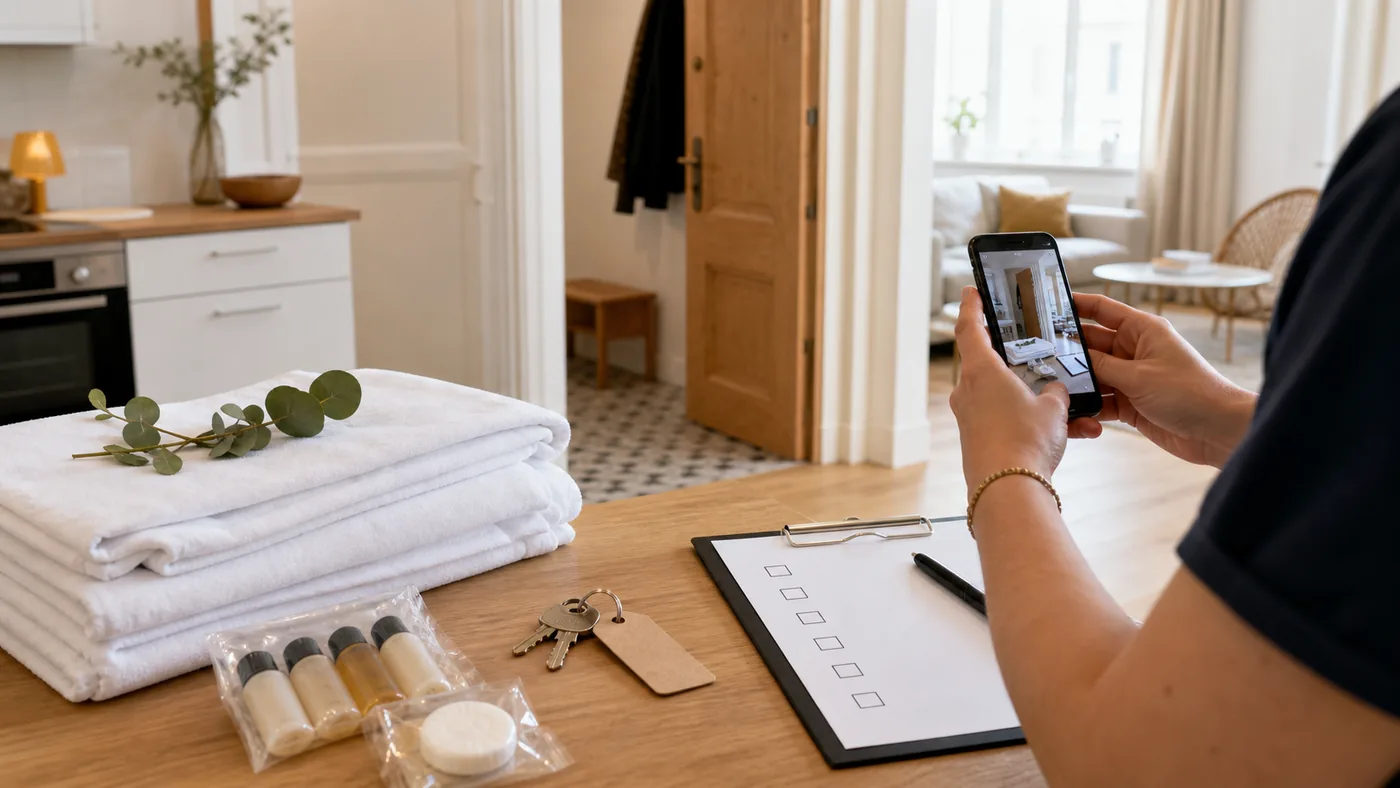 Checklist, keys, linen and photo documentation during a Berlin guest turnover