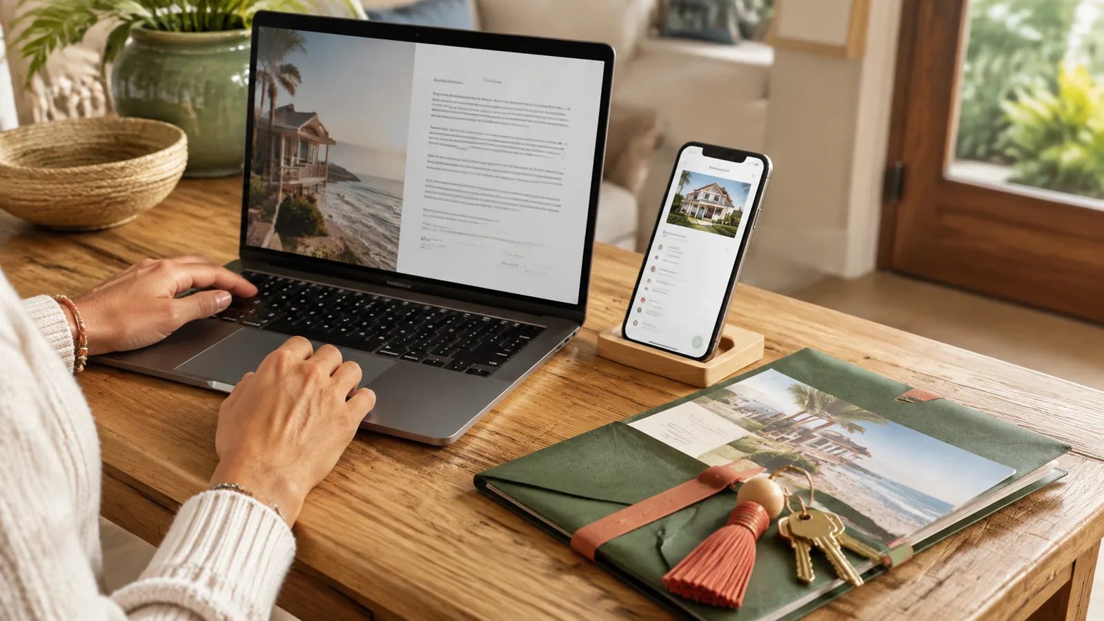 Host reviewing a digital booking agreement before sending guest confirmation and arrival information