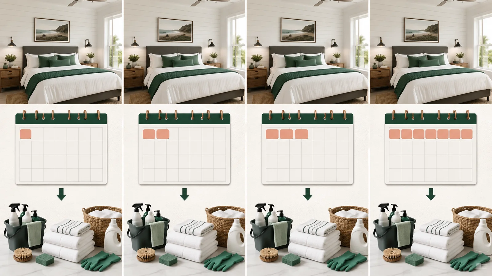 The same vacation rental turnover shown after one, two, three and seven-night stays