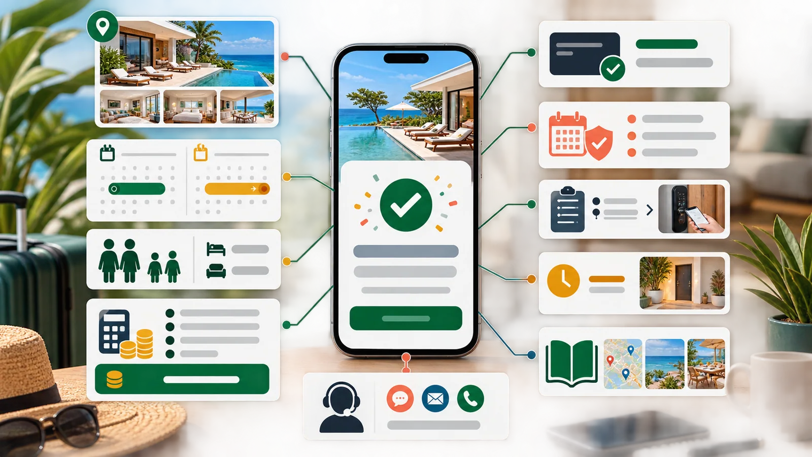 Direct booking confirmation organized around reservation status, property, dates, guests, total, payment, cancellation, next step and support