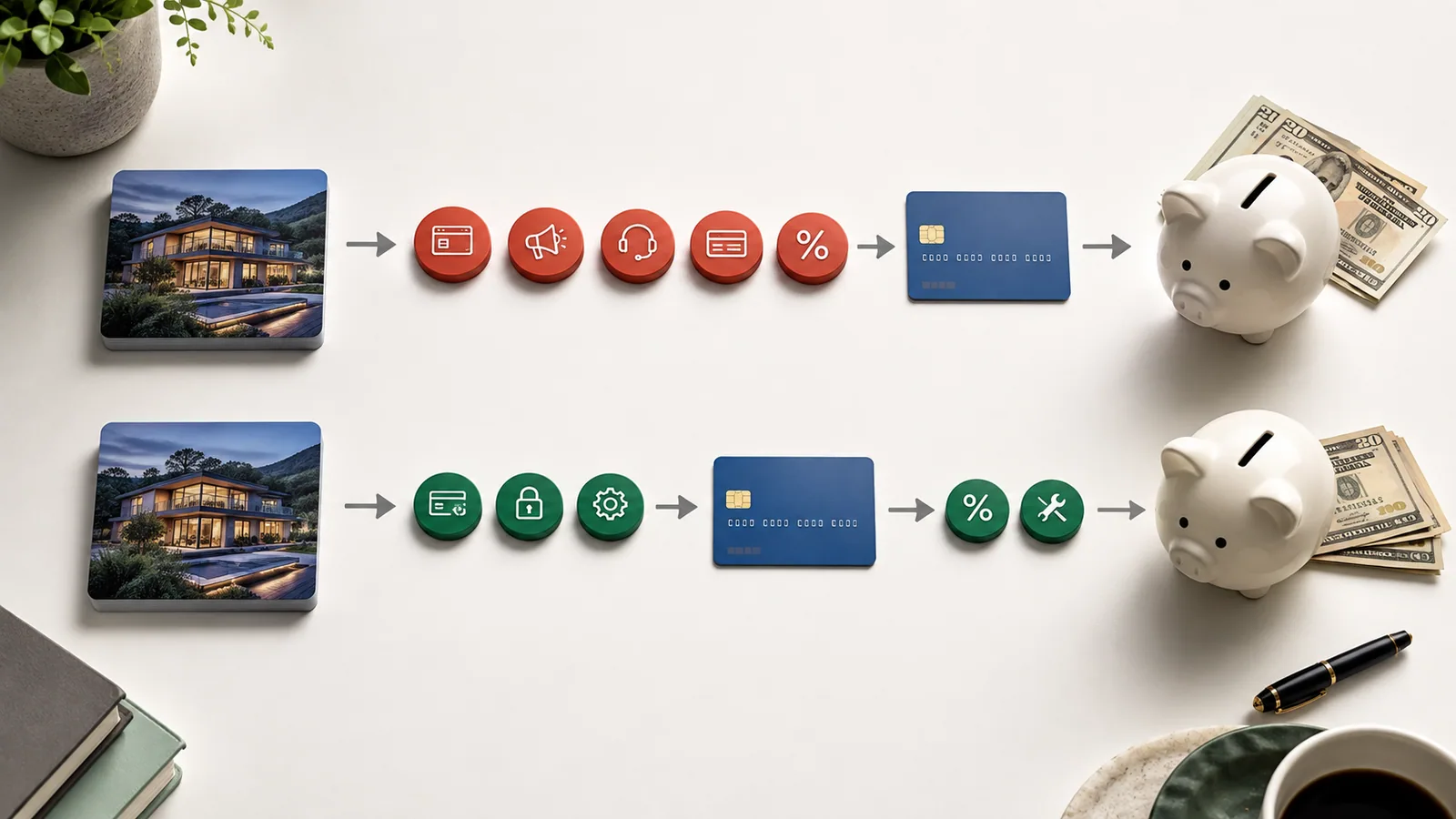 Parallel fee flows comparing OTA commission with direct booking processing and operating costs