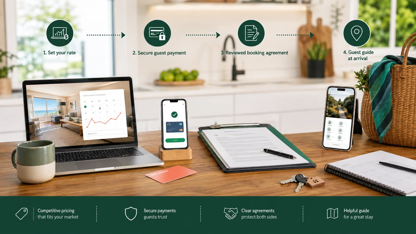 Direct booking workflow from pricing through payment, agreement and guest arrival guide