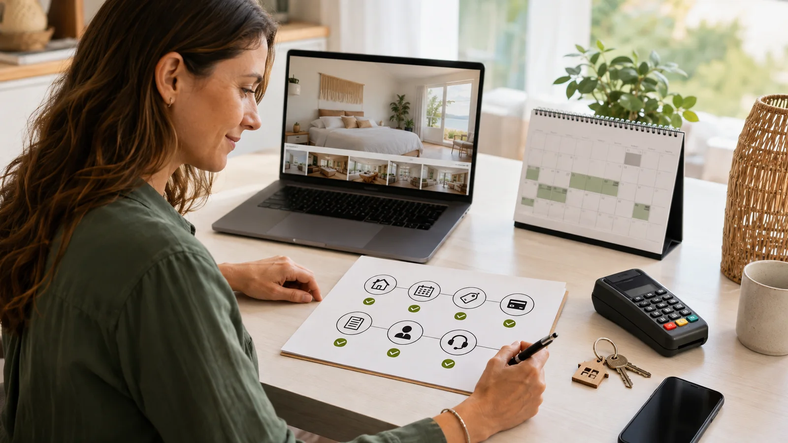 Vacation rental host reviewing the connected property, calendar, price, payment, agreement, communication and support dependencies