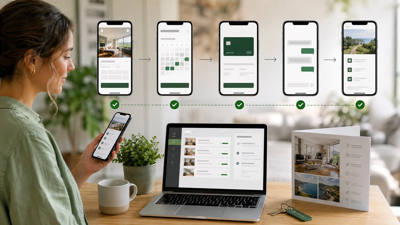 Mobile test reservation moving through property selection, availability, payment, confirmation, guest message and digital guide