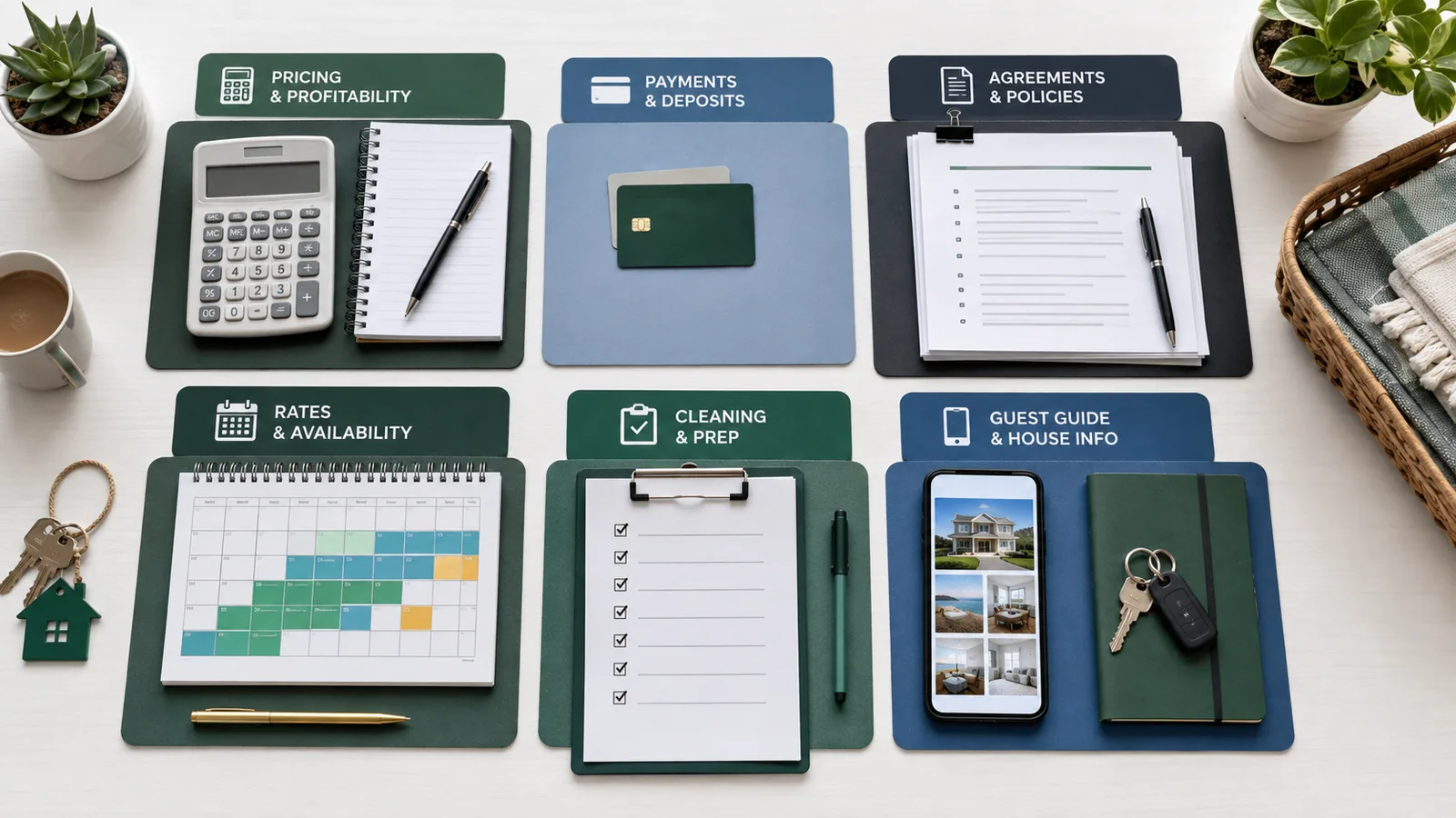 Direct booking toolkit grouped into pricing, payments, agreements, operations and guest information