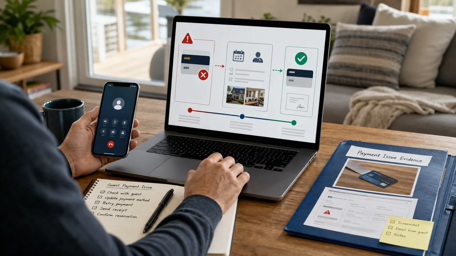 Host resolving a failed vacation rental payment with booking records and guest communication