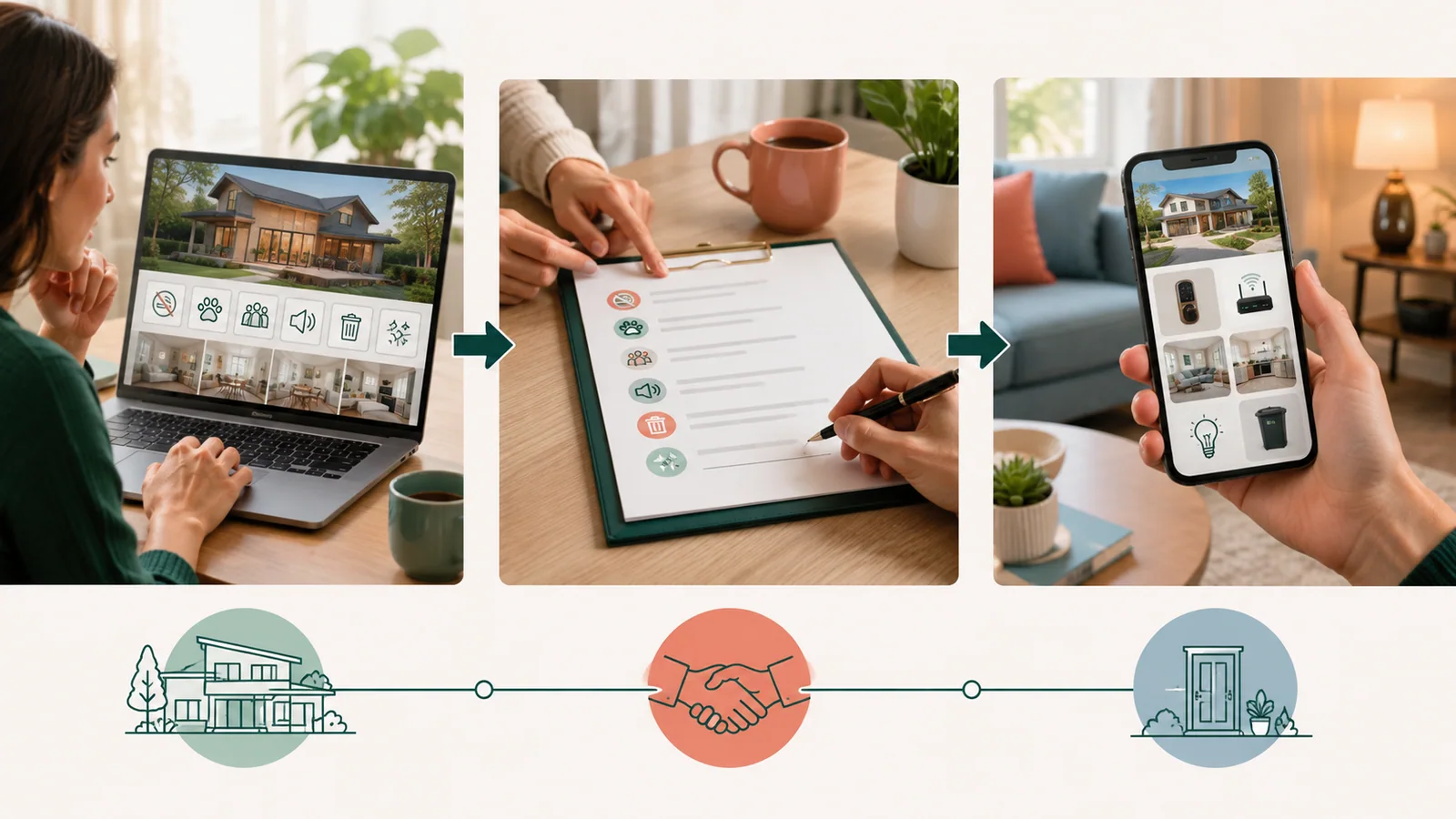 Vacation rental rules workflow separating listing commitments, booking agreement terms and practical digital guest guide instructions