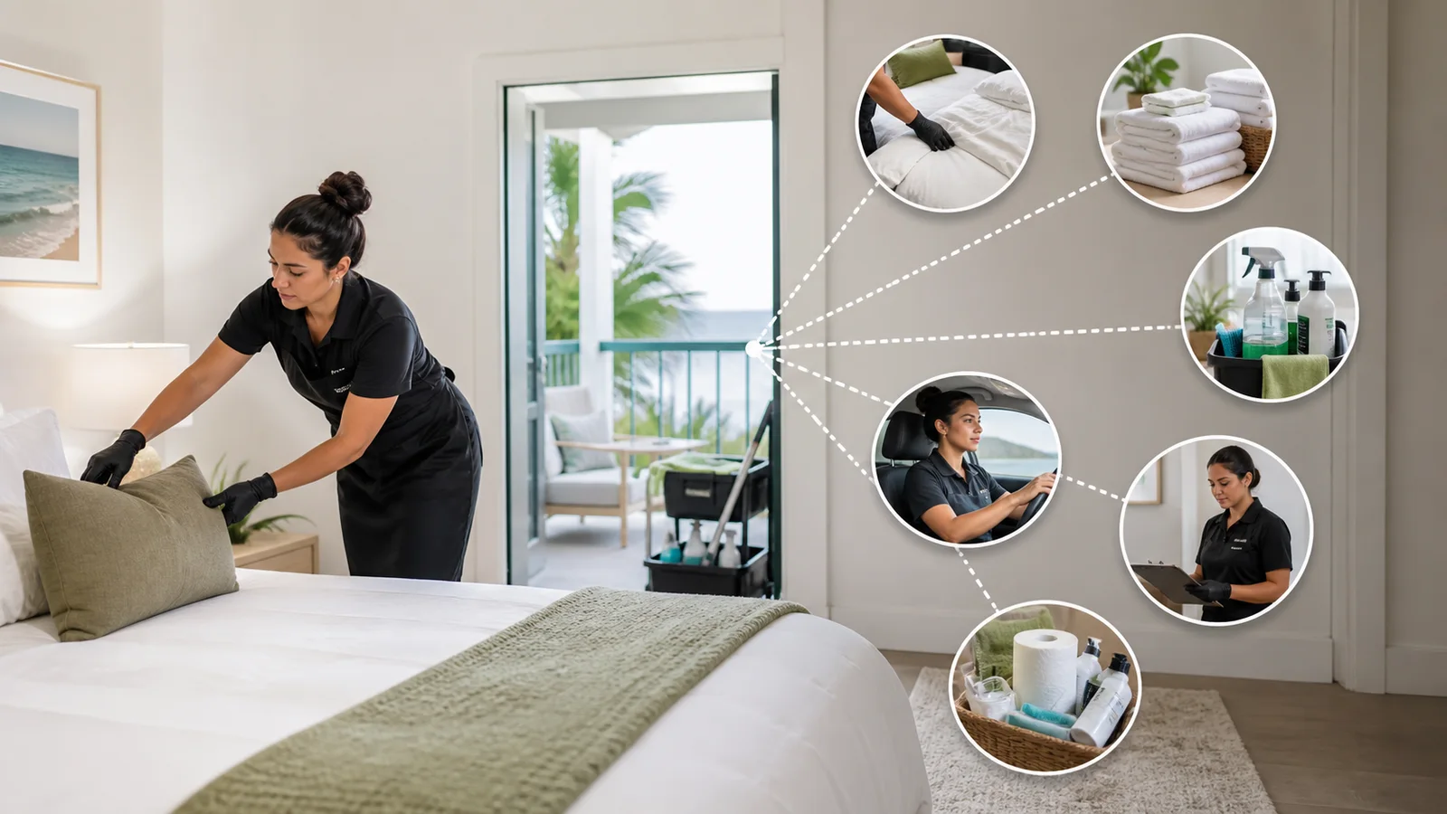 Cleaner preparing a vacation rental with labor, laundry, supplies, travel and inspection represented