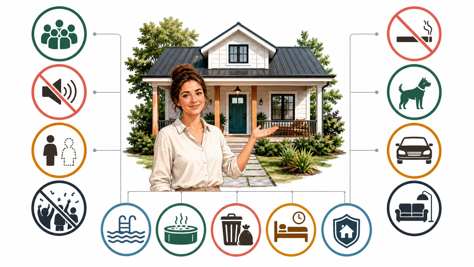 Vacation rental house rules covering occupancy, quiet hours, visitors, parties, smoking, pets, parking, amenities, waste, checkout and damage reporting