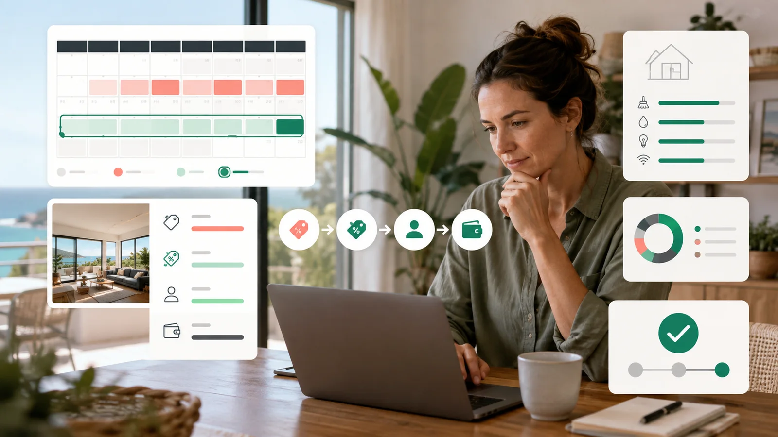 Vacation rental host reviewing a long-stay calendar, payout, costs and a final preview step
