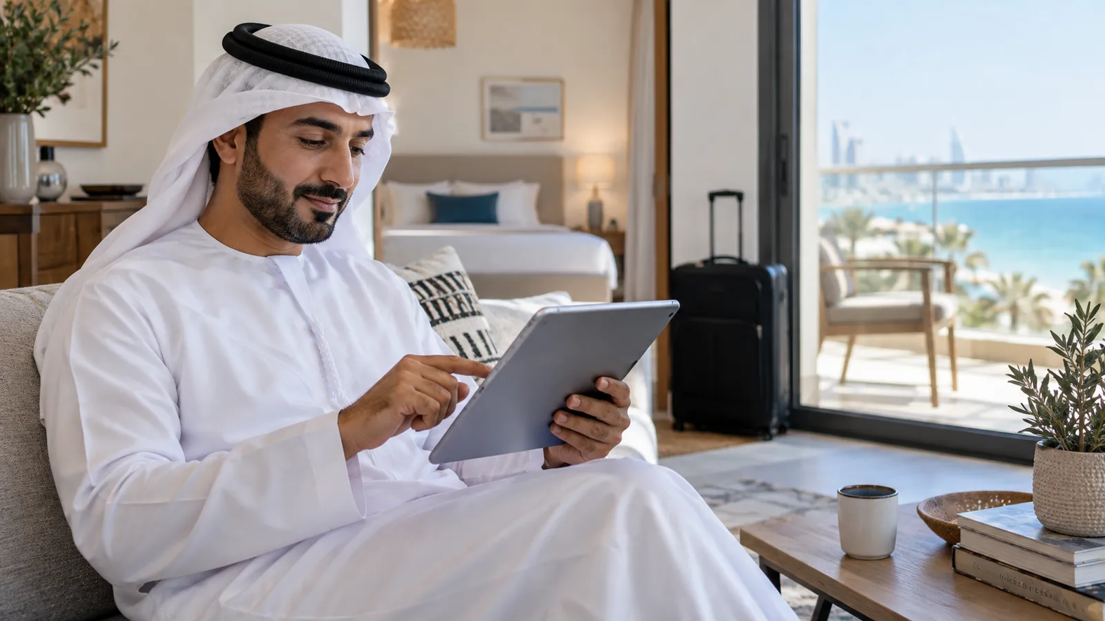 مضيفة تراجع معلومات مكان الإقامة على مكتبها