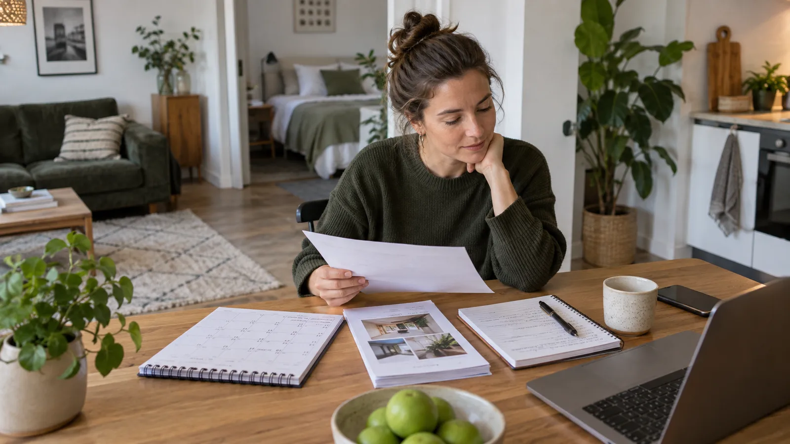 Hébergeuse vérifiant les informations de son logement à son bureau