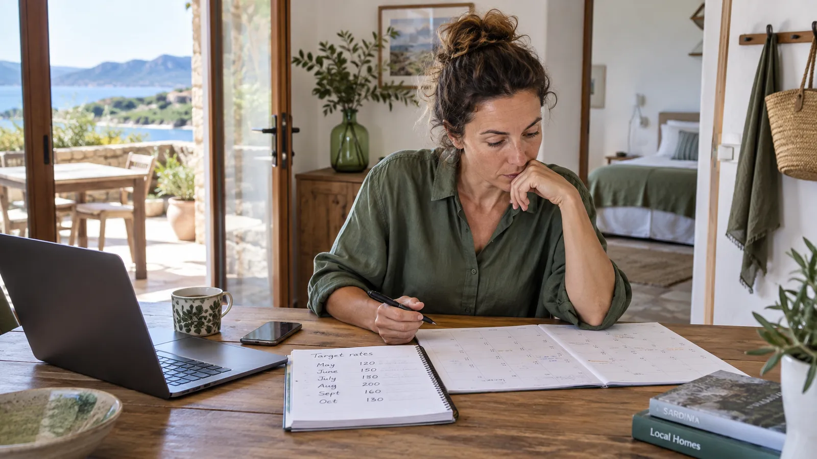 Hébergeuse vérifiant les informations de son logement à son bureau