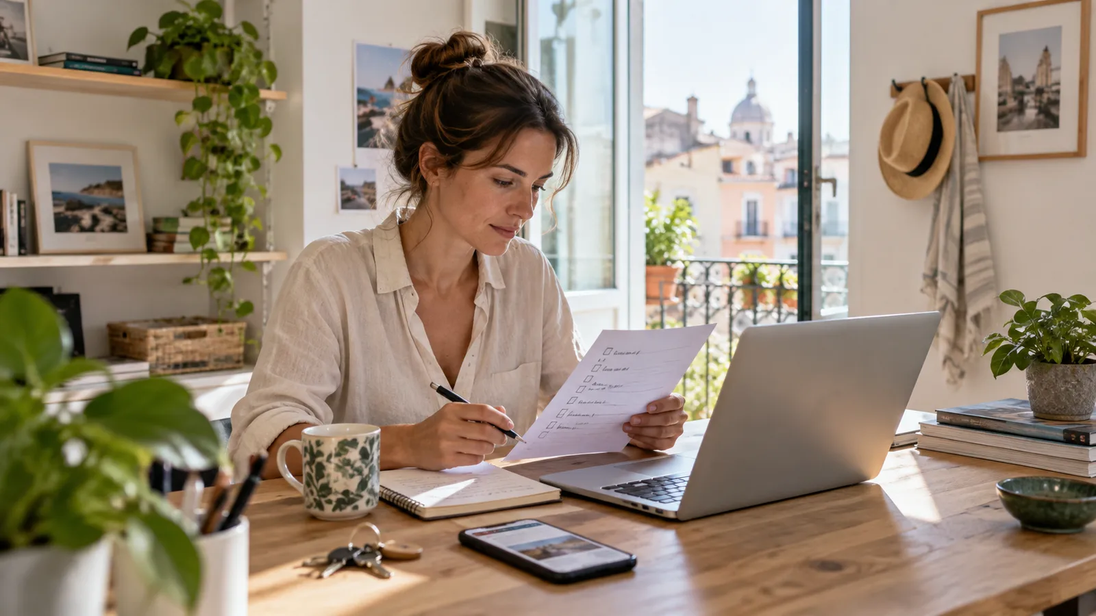 Hébergeuse vérifiant les informations de son logement à son bureau