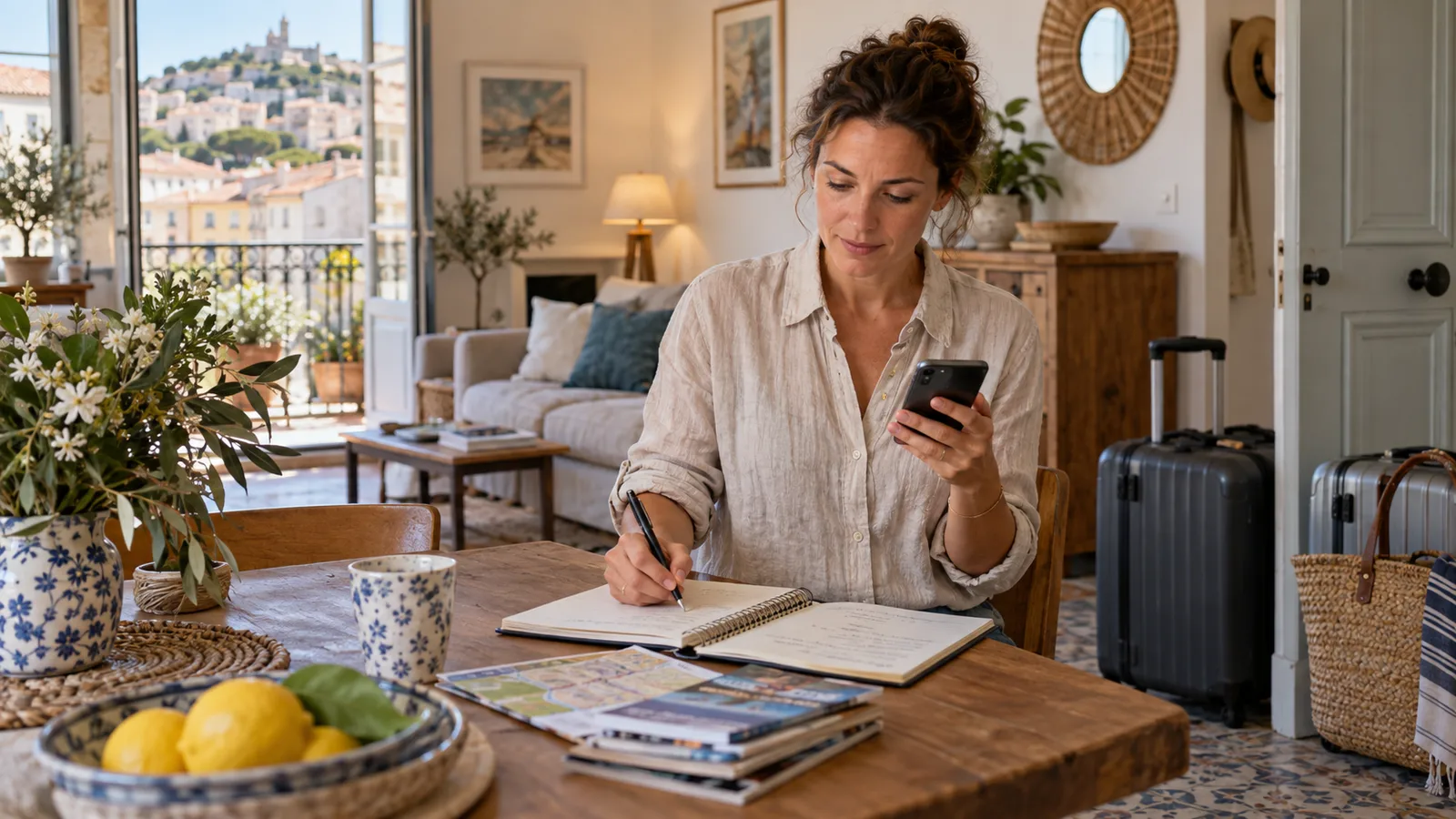 Hébergeuse vérifiant les informations de son logement à son bureau