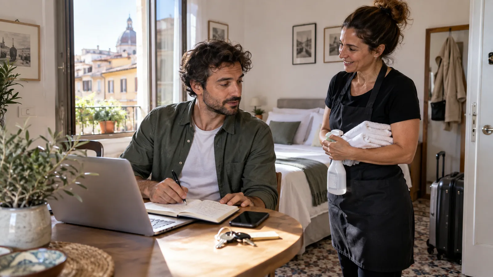 Host che esamina informazioni per la casa vacanze alla scrivania