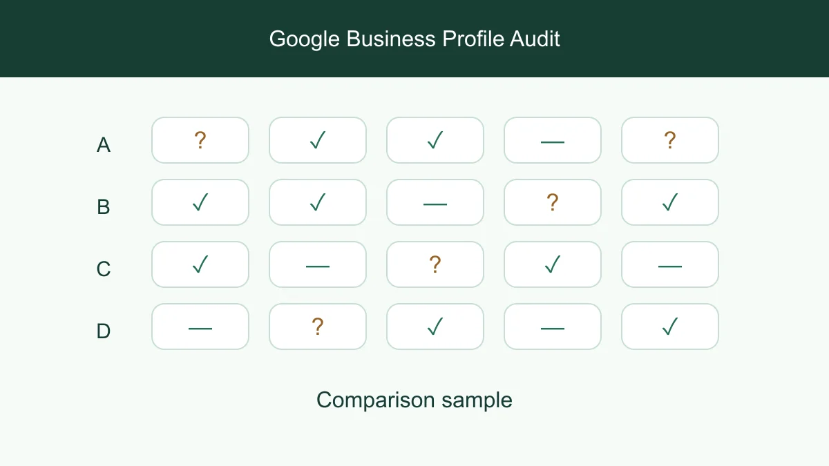 Business profile completeness checks for category, website and opening hours