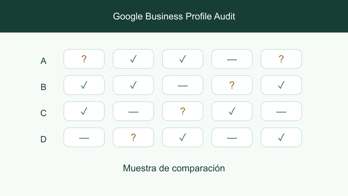 Comprobaciones de exhaustividad del perfil para categoría, sitio web y horarios de apertura