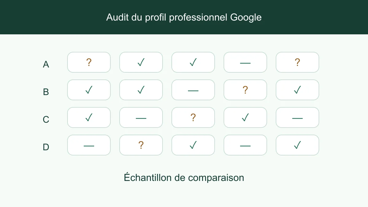 Vérifications d’exhaustivité du profil professionnel pour la catégorie, le site web et les horaires d’ouverture