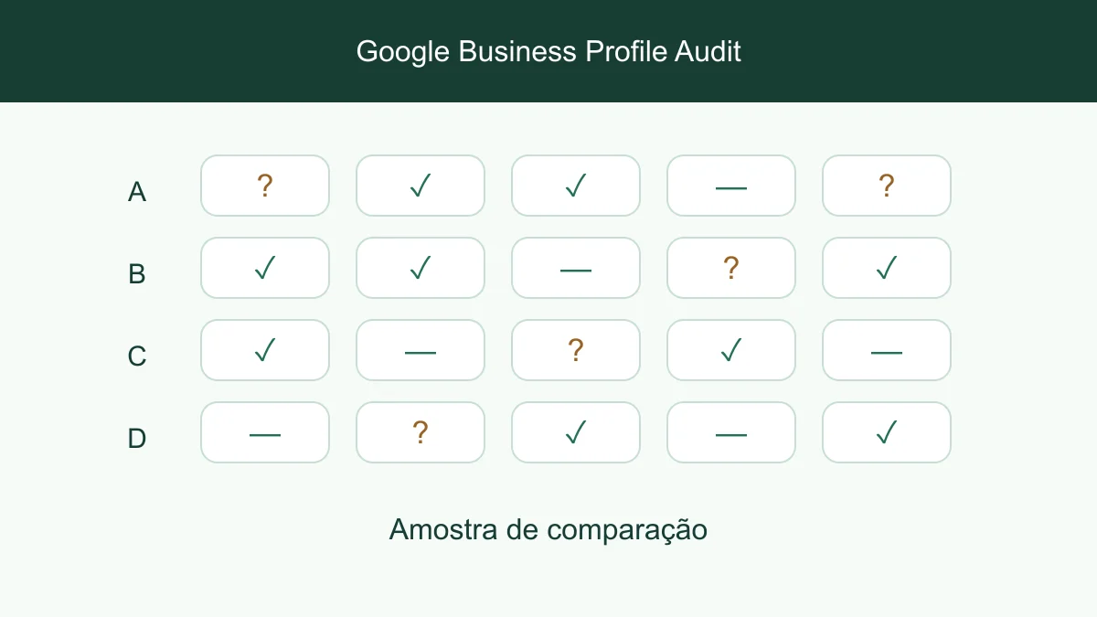 Verificações de completude do perfil do negócio para categoria, site e horários de abertura