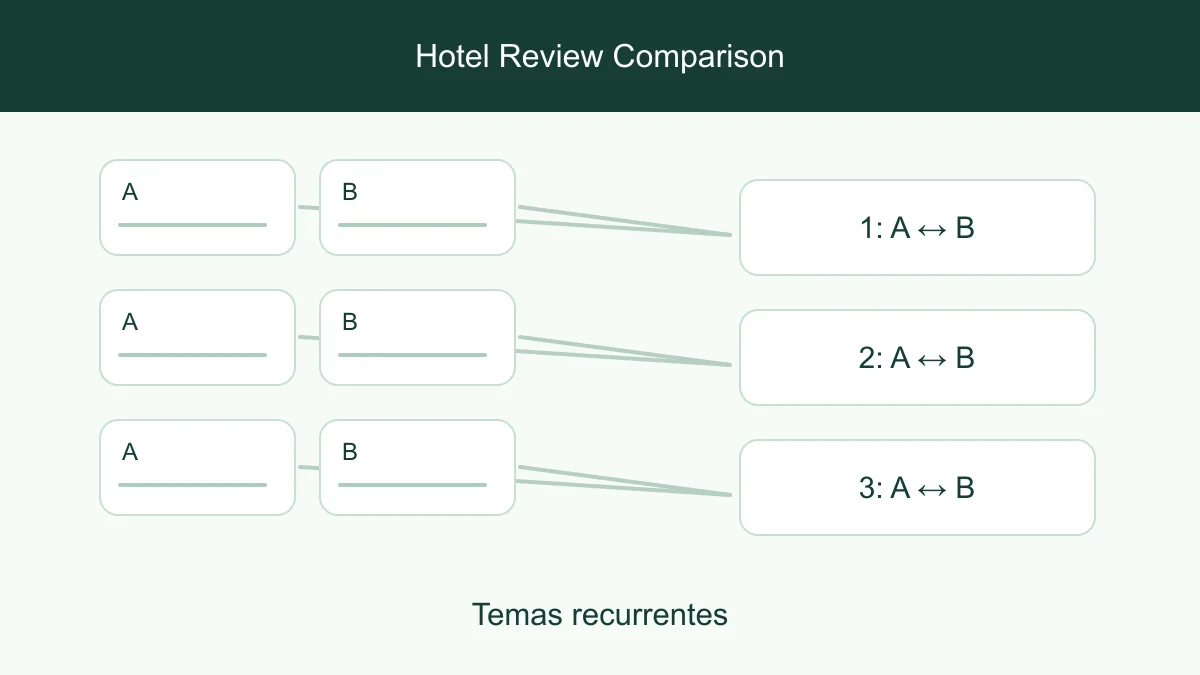 Dos hoteles comparados en temas reportados por huéspedes sobre comodidad, ubicación y servicio