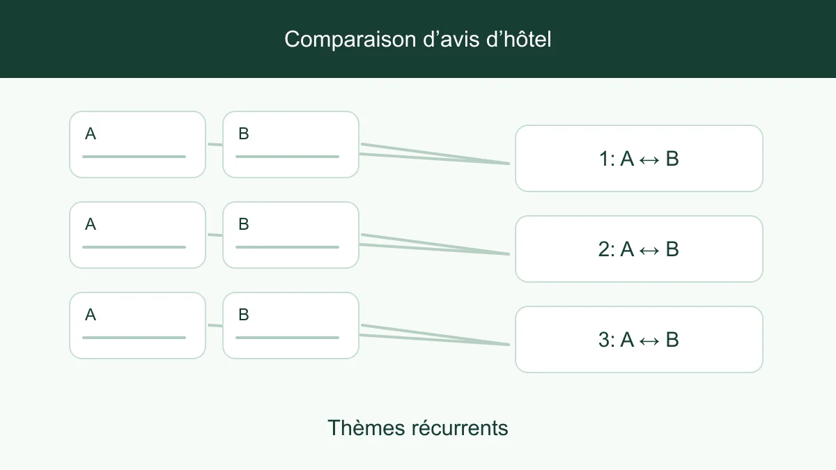 Deux hôtels comparés selon des thèmes de confort, localisation et service rapportés par les clients
