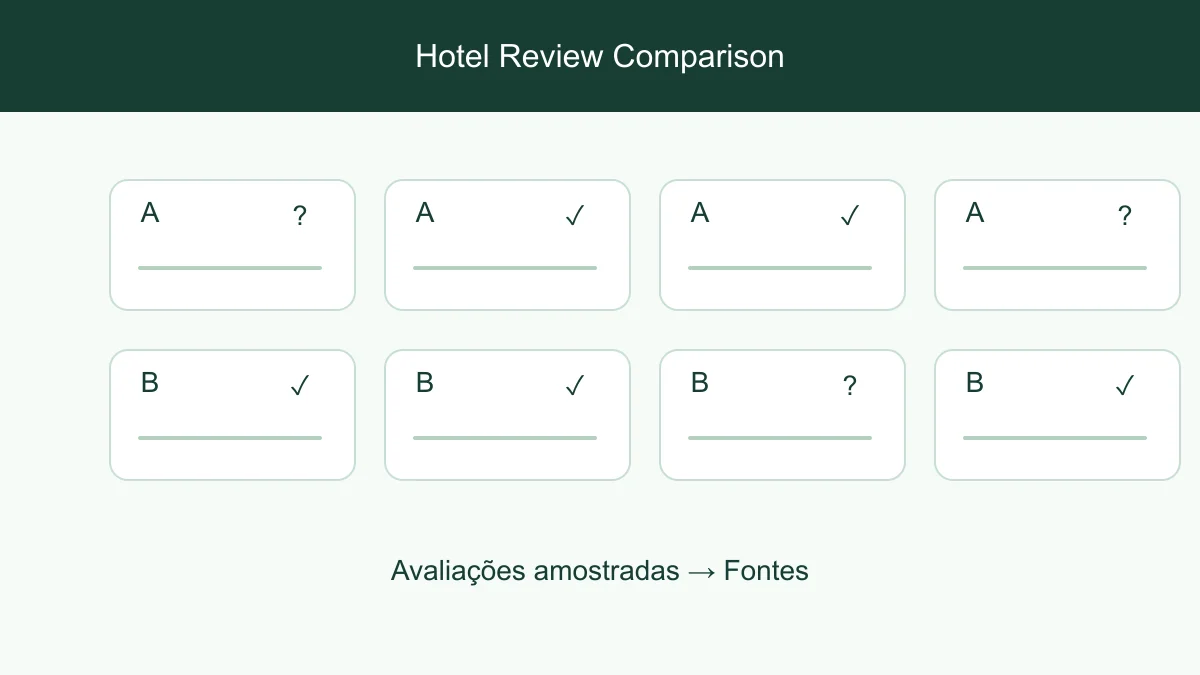 Amostras de avaliações separadas mantendo a atribuição ao hotel e as datas das avaliações