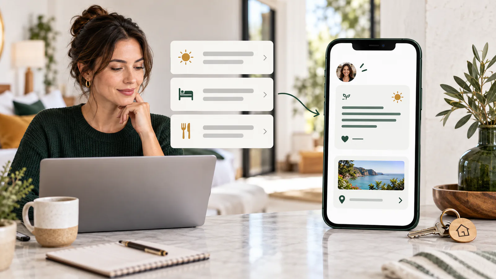 Flow from a reviewed vacation rental template through property facts and human approval to a guest reply
