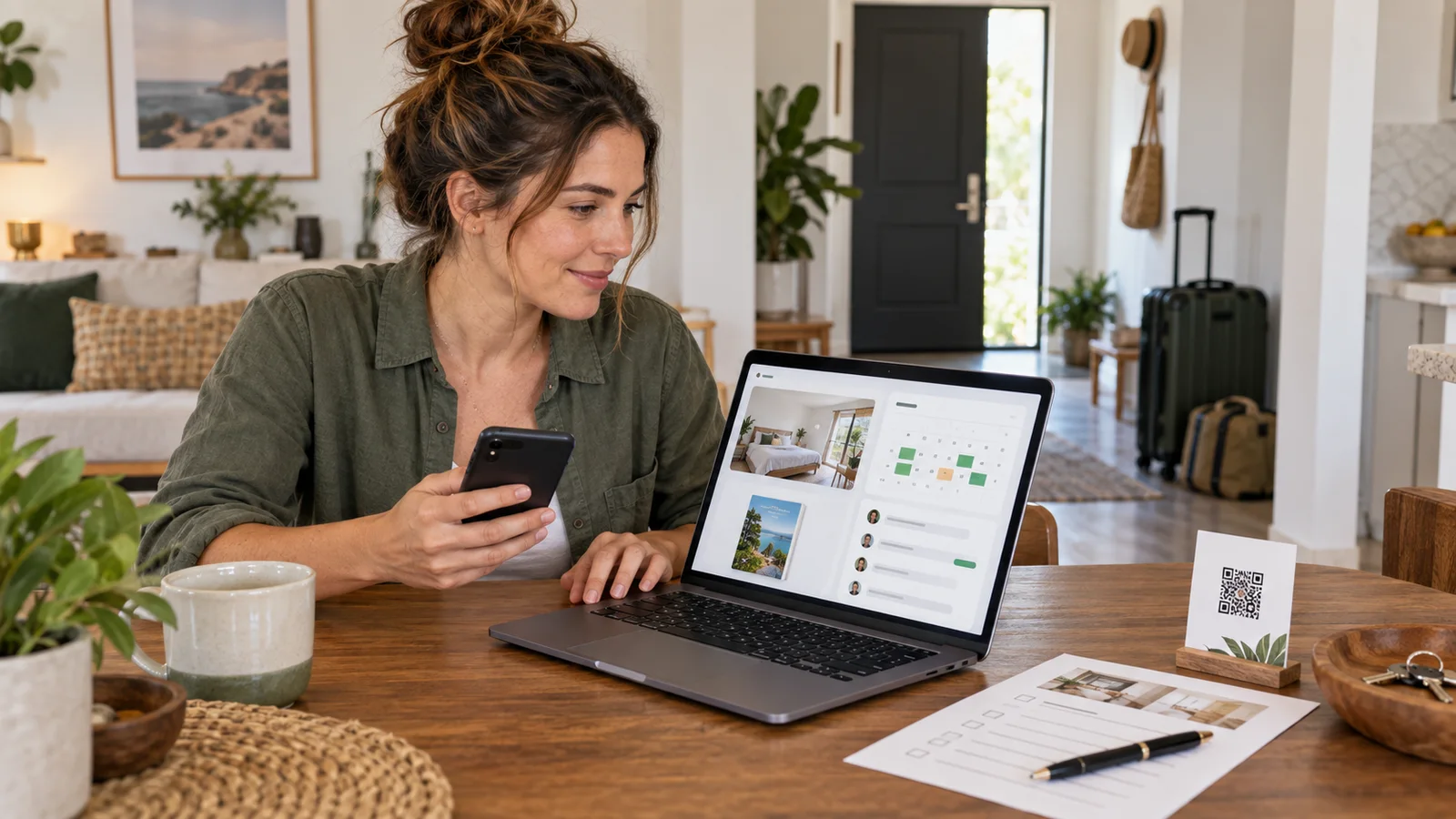 Host reviewing an Airbnb guest experience automation workflow on a laptop and phone
