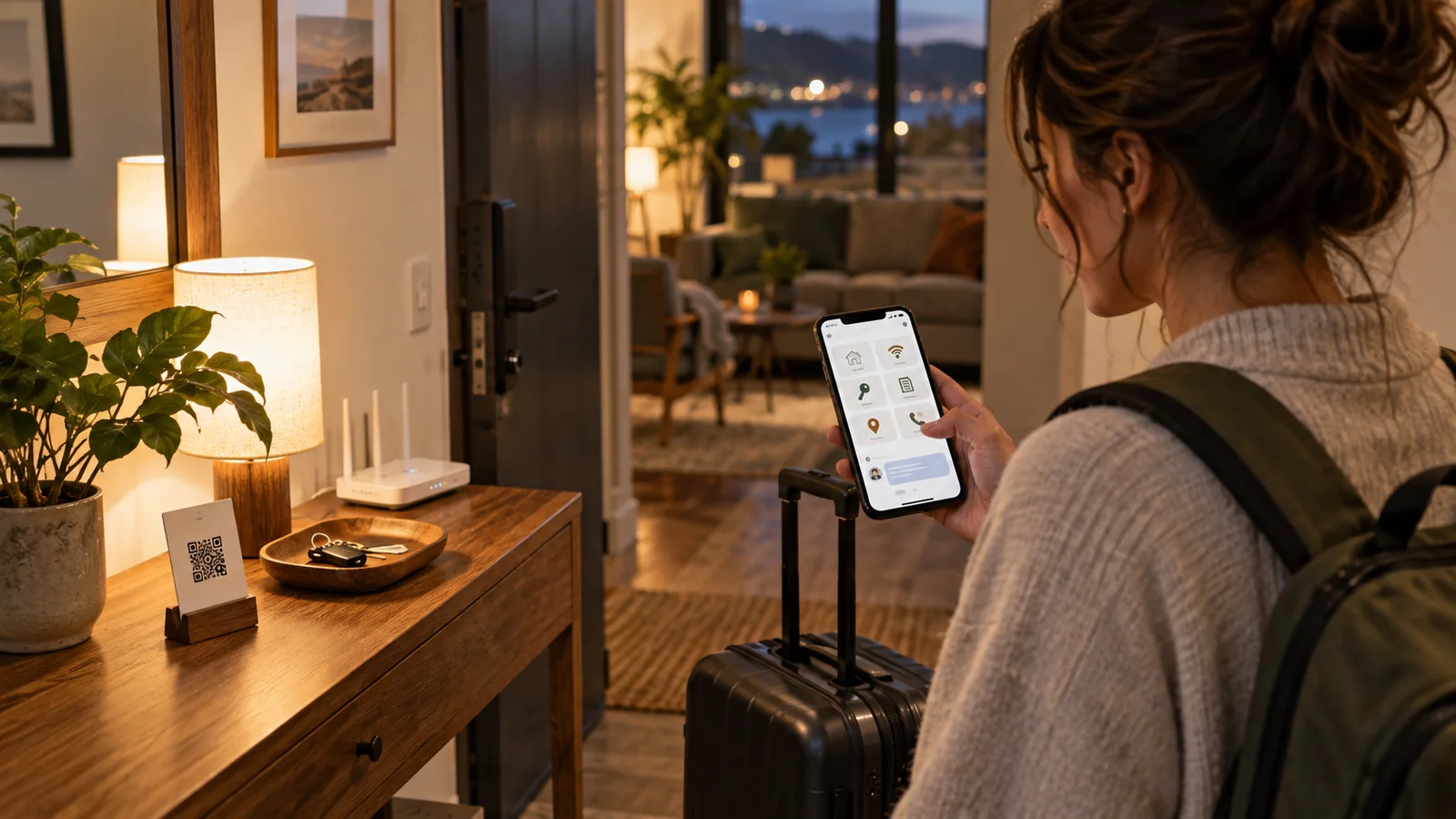 Guest using a mobile guide during a self-service vacation-rental arrival