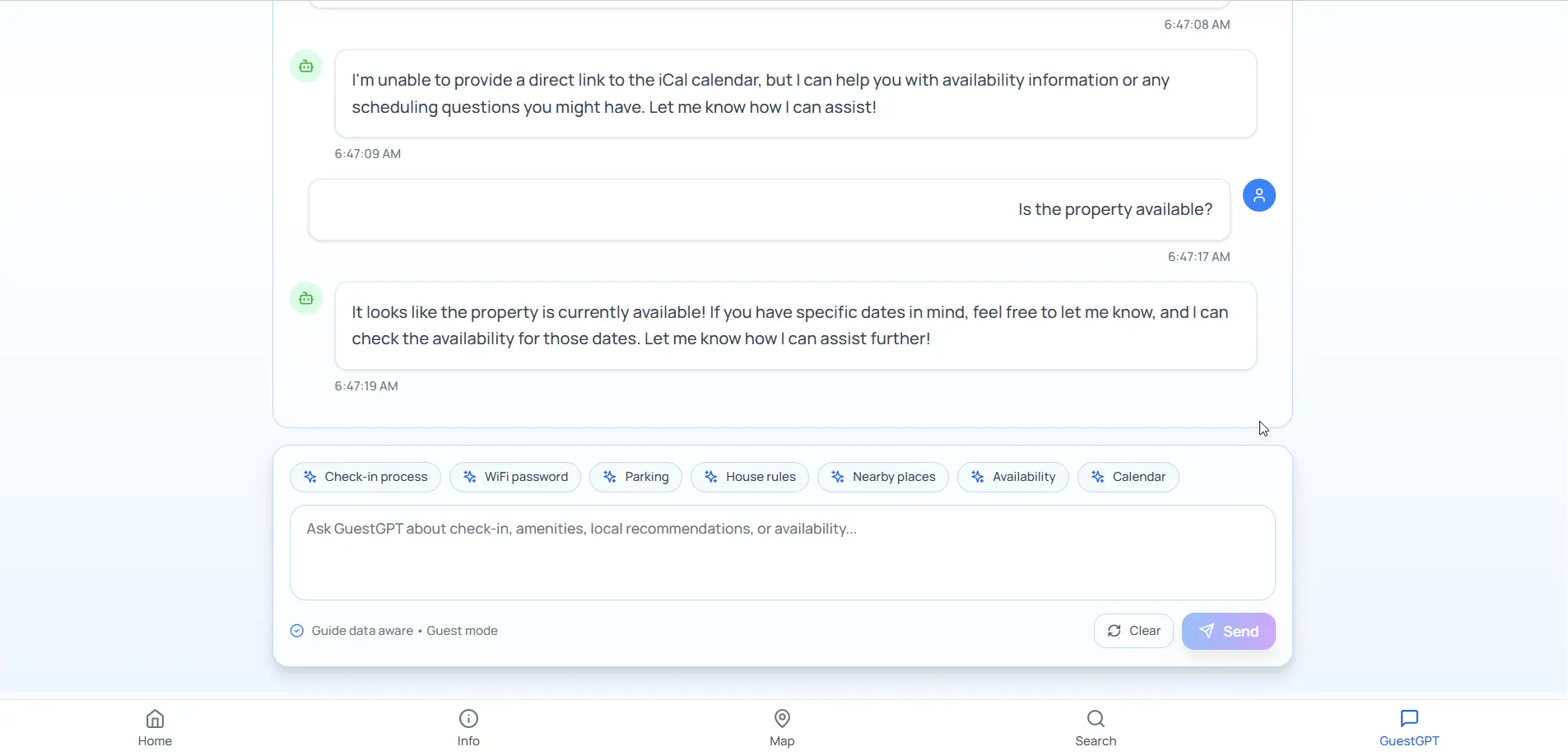 Mobile guest guide with GuestGPT AI assistant tab included in automation service