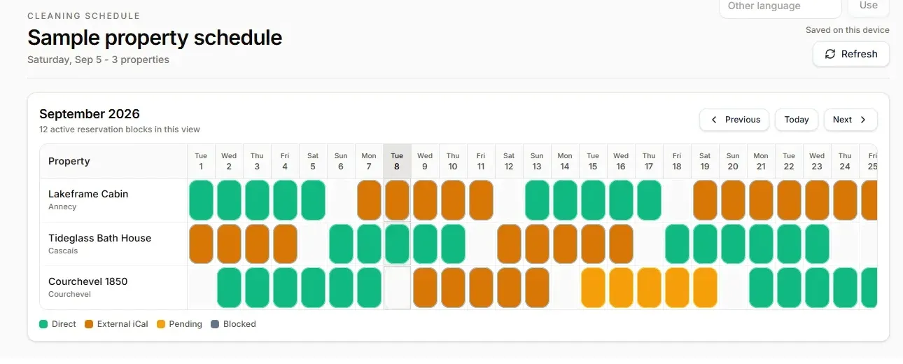 Host Pilot cleaning calendar showing reservations and turnover dates with sample data