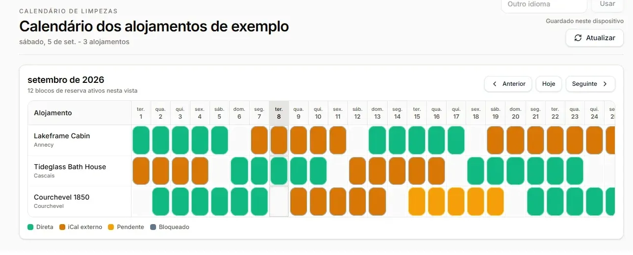 Calendário de limpezas Host Pilot com reservas e mudanças de hóspedes de exemplo