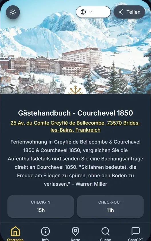 Mobiler Courchevel Gästeguide mit Anreiseinformationen und Empfehlungen