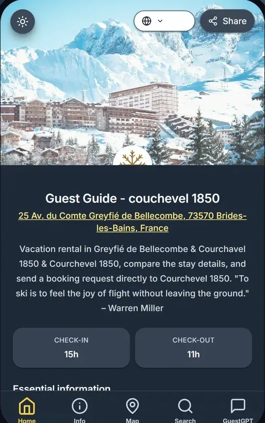 Live Courchevel mobile guest guide showing arrival details and nearby recommendations