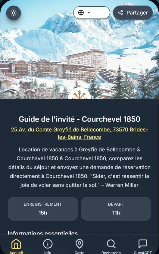 Guide voyageur mobile Courchevel avec arrivée et recommandations locales