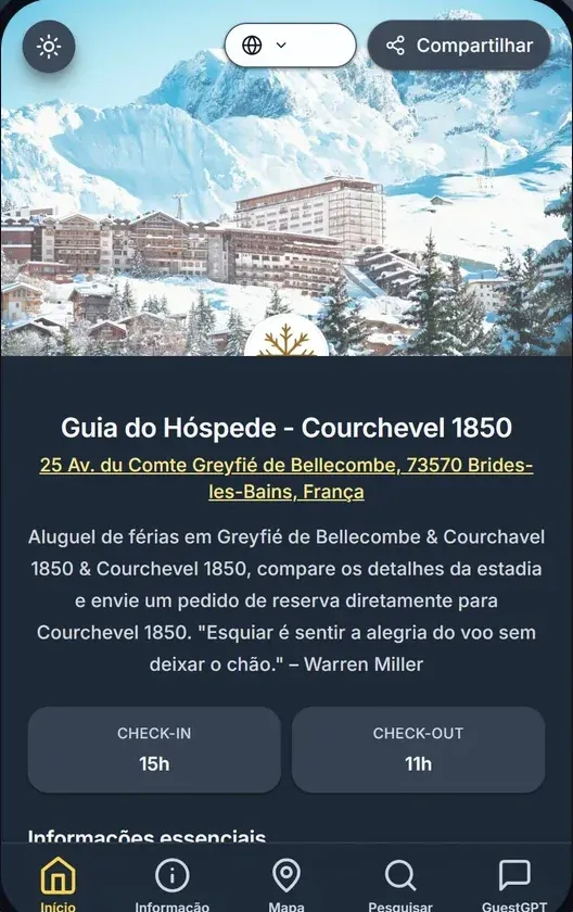Guia móvel de Courchevel com informações de chegada e recomendações locais