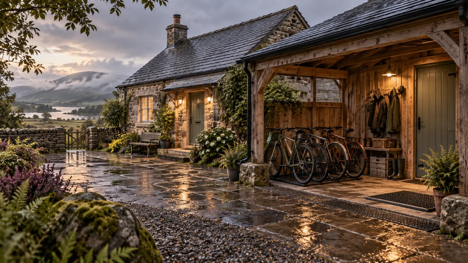 KI-generiertes Bild des fiktiven Landhauses Bootline für Wander- und Radurlaub: ein Steinhaus mit einem überdachten Holzvorbau für Fahrräder und Ausrüstung