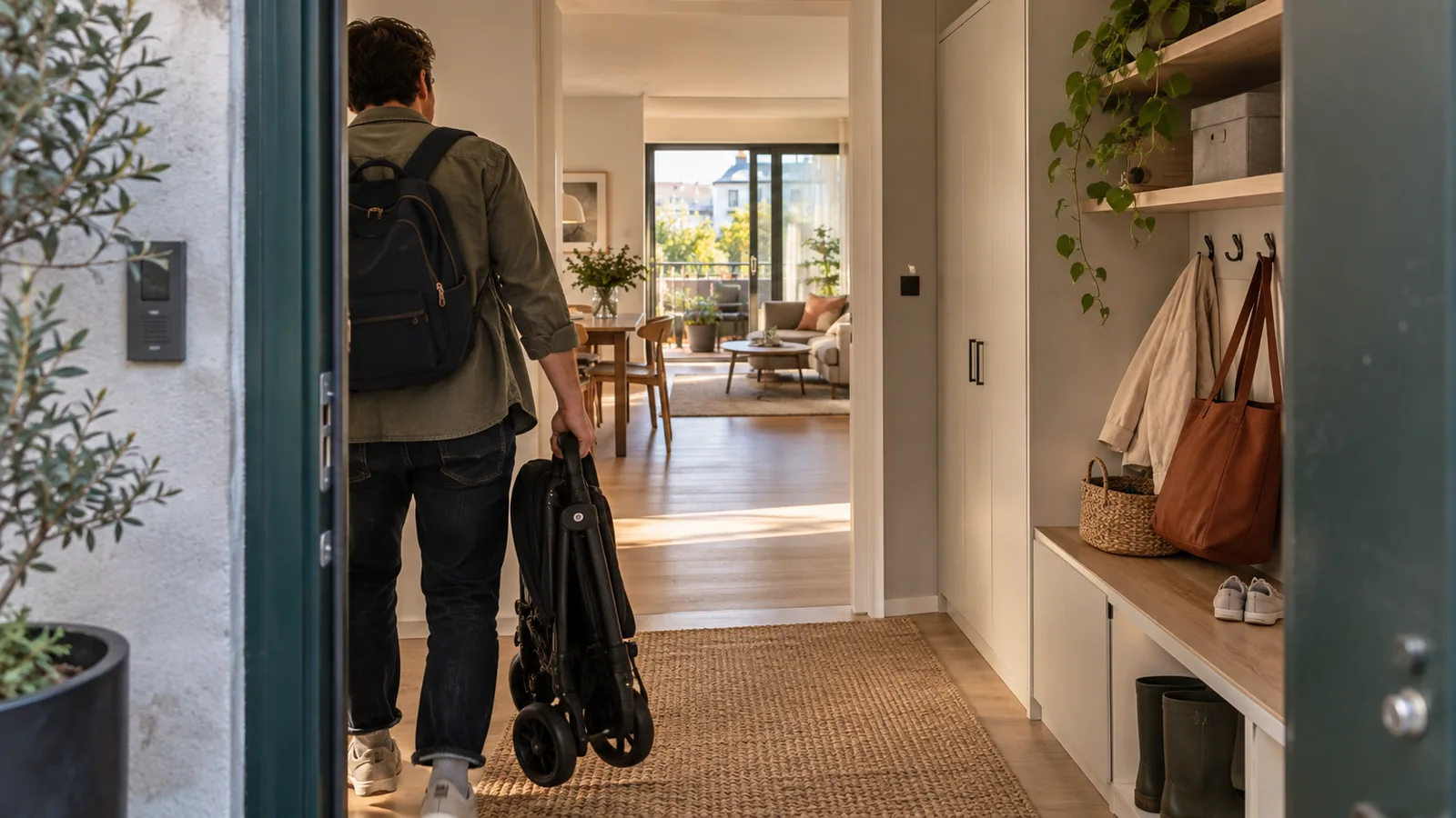 KI-generiertes Bild der fiktiven Ferienwohnung Little Landing: ein Abstellbereich für Kinderwagen und Taschen, ein verdunkelbares Kinderzimmer und ein separater Wohnbereich für die Eltern am Abend