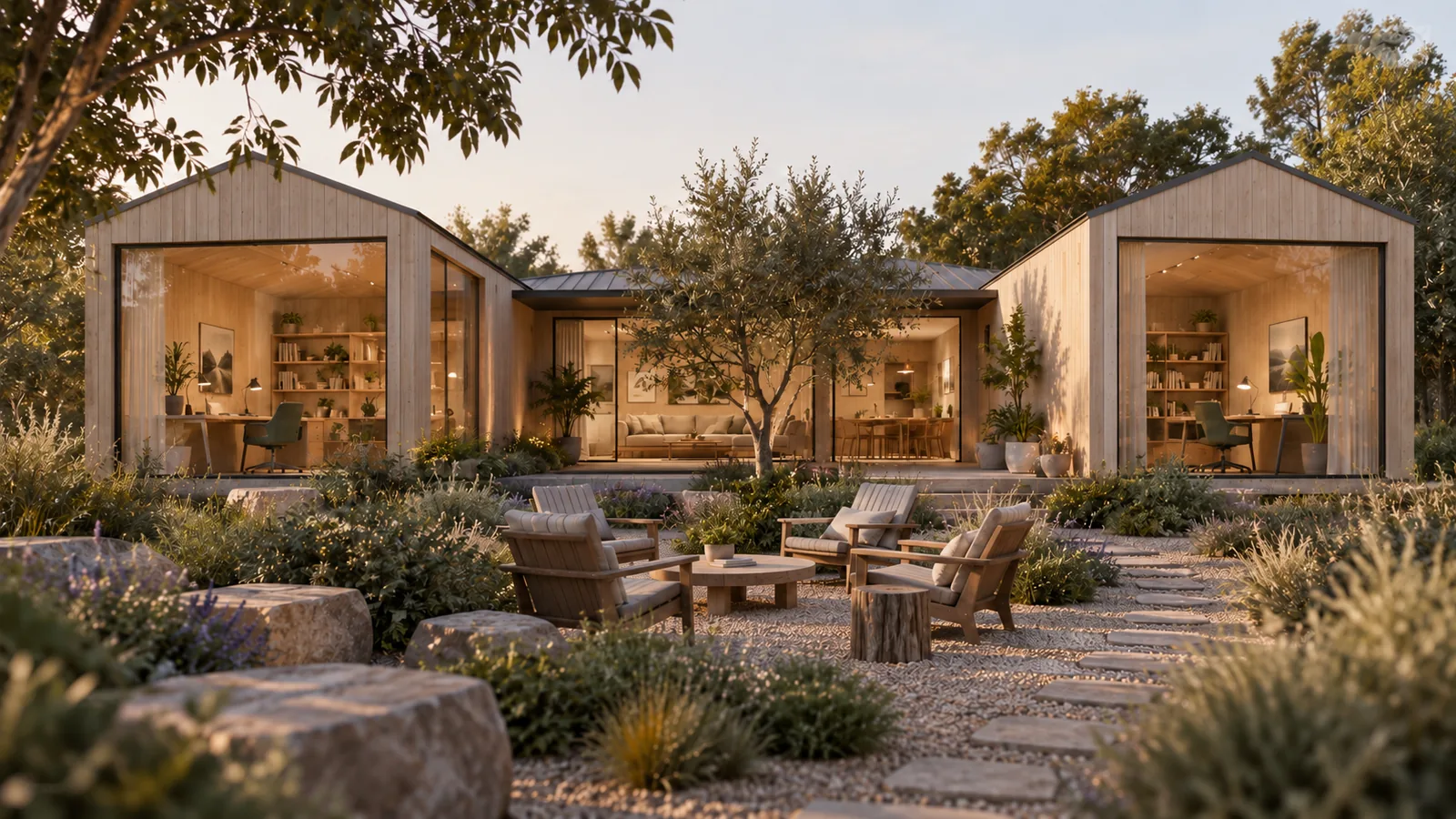 KI-generiertes Bild des fiktiven Ferienhauses Parallel Desk: zwei Arbeitsraumflügel aus hellem Holz mit Blick auf eine bepflanzte Gartenterrasse für Pausen