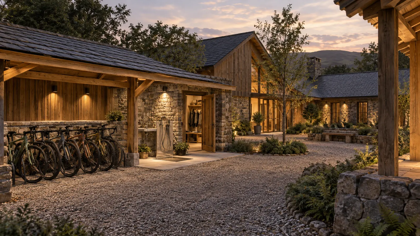 KI-generiertes Bild des fiktiven Naturhauses Routeyard: ein Funktionshof aus Holz und Mauerwerk mit Fahrradstellplätzen, Abspülecke und Eingang zum Trockenraum
