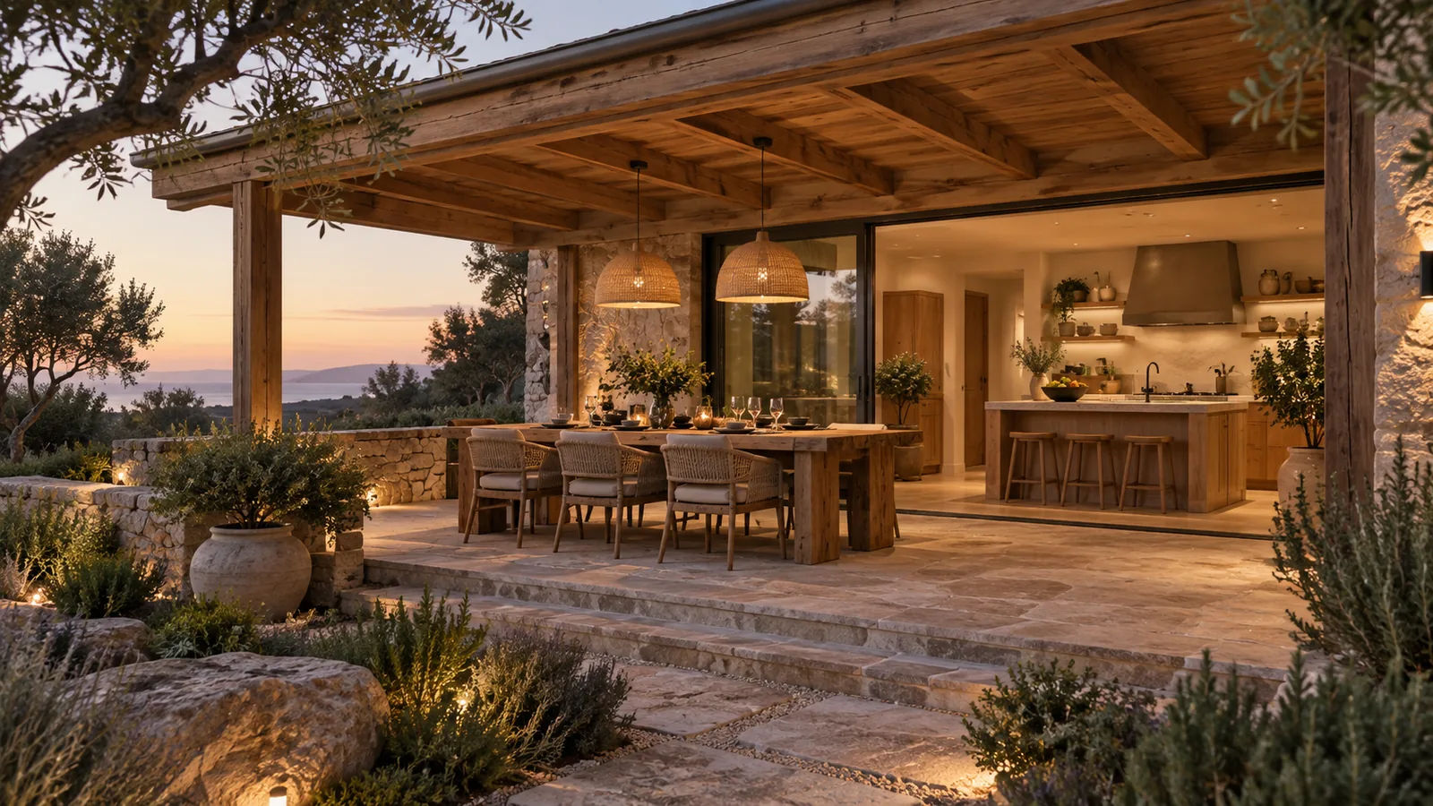 KI-generiertes Bild des fiktiven Ferienhauses Supperwork für gemeinsamen Kochurlaub: eine überdachte Terrasse mit sechs Essplätzen und Zugang zur Haushaltsküche