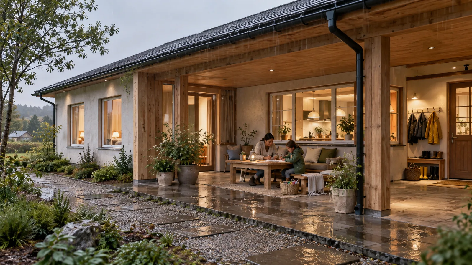 KI-generiertes Bild des fiktiven Ferienhauses Weatherplay: eine überdachte Spielveranda mit Zugang zur Küche, ein Eingang für nasse Ausrüstung und ruhigere Schlafräume