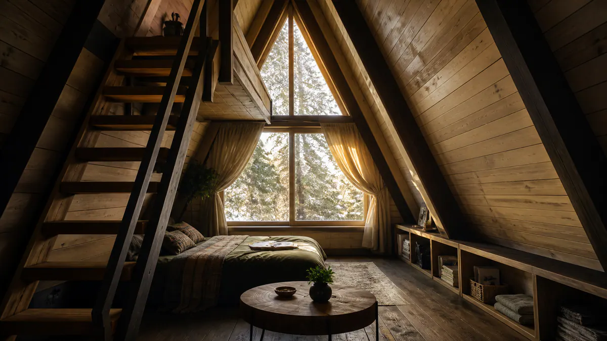 A-frame loft stair, sloped walls and practical built-in storage