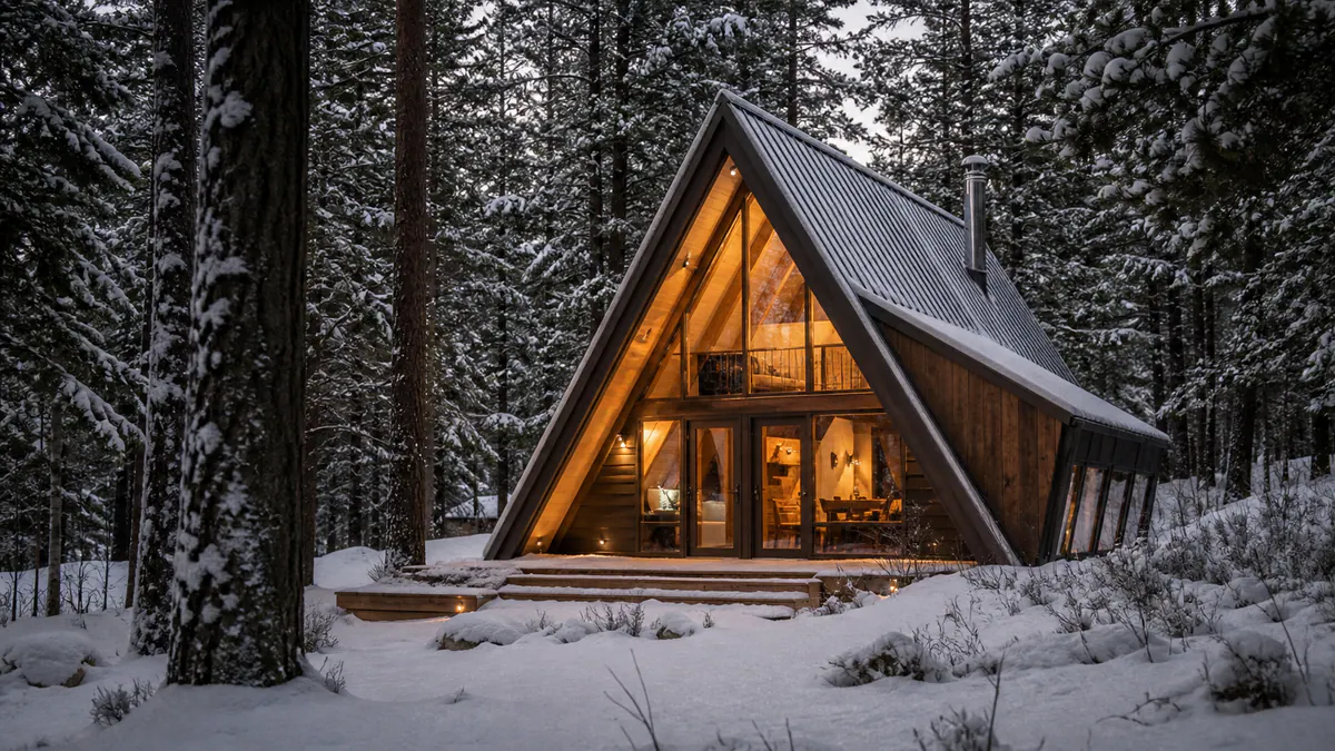 Authentic A-frame cabin with a steep triangular roof and full-height forest-facing window
