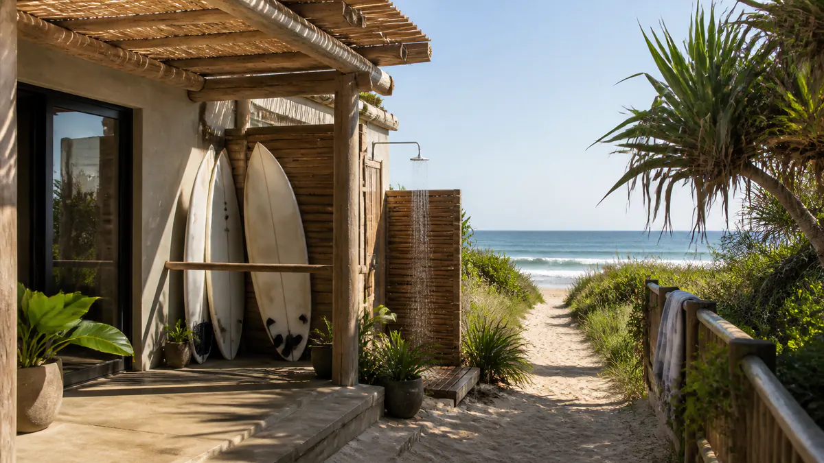 Coastal rental details including outdoor shower, shaded seating and secure gear storage