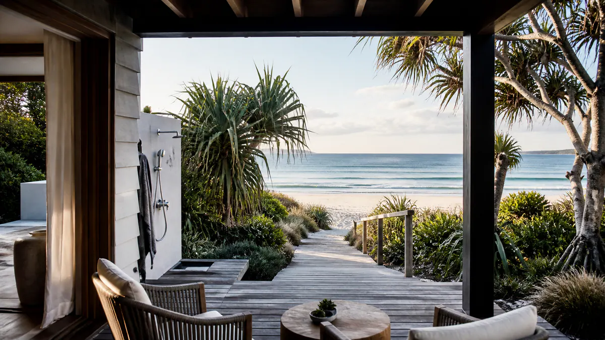 A modern beachfront rental with a shaded terrace and a visible walking route to the sand