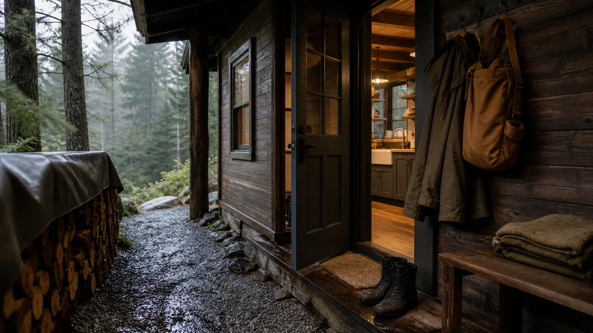 Cabin entry with firewood, weatherproof boots and a clearly lit path