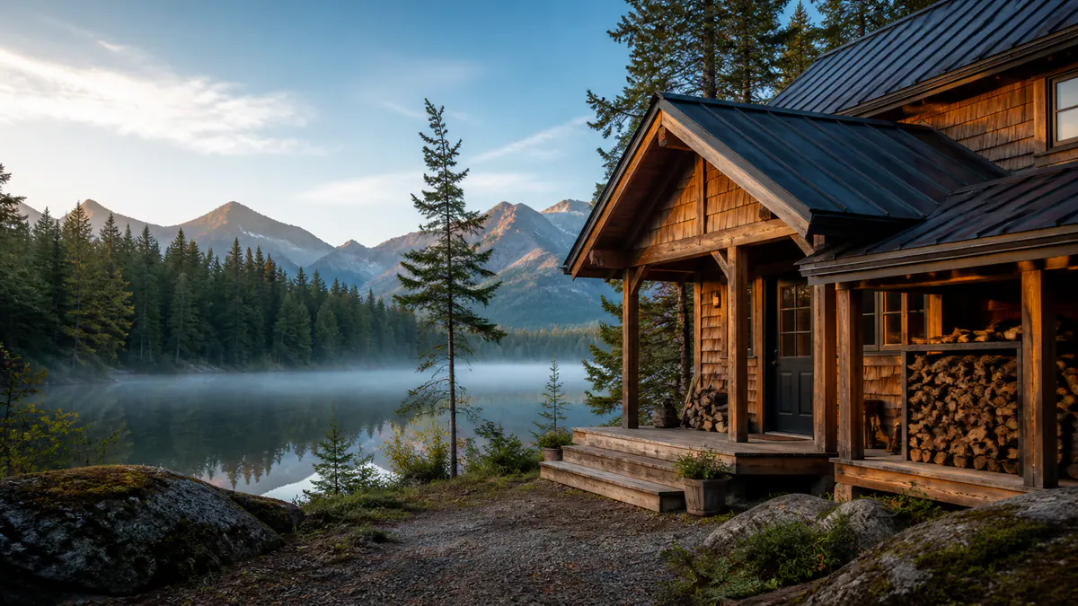 Warm timber cabin beside a forest lake with mountains beyond